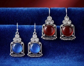 Oxidized Silver Plated Square Drop Earrings: Boho Glass Stone Jewelry