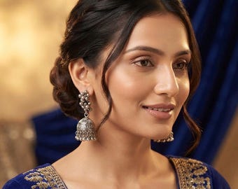 Oxidized Silver Jhumka Earrings, Zig Zag Bead Cluster Bell Dangles, Traditional Indian Drop Hoops,Royal Bollywood Gypsy Jewelry Gift for Her