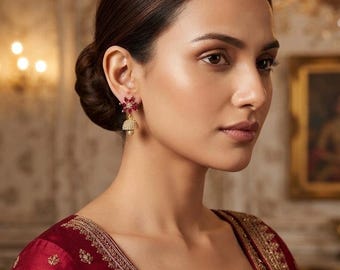 Mini Jhumki , Ruby Cubic Zirconia Pearl Earrings Gold Plated - American Diamond Handmade Drop Earrings - Red Wedding Guest Statement Jewelry