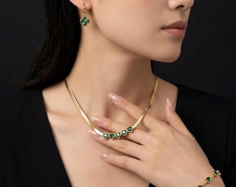 18K Gold Clover Jewelry Set | Waterproof Green Heart Necklace Bracelet Earrings | Minimalist Lucky Charm Jewelry, Saar Ethnic Minimal sets