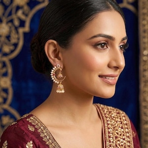 May include: Gold earrings featuring a crescent moon design, embellished with tiny pearls and a dangling bell. The earrings are worn by a person wearing a maroon top with gold embroidery. The background is a dark blue with a decorative pattern.