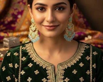 Turquoise Kundan Chandbali Earrings for Bridal Wedding Guest- Floral GoldPlated Indian Jewelry-Handcrafted Large Chandelier Statement jhumka