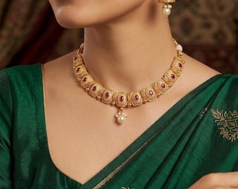 Red Meenakari Antique Gold Necklace Set | Indian Bridal Choker with Earrings | Ruby Wedding Jewelry | Heavy Gold Look Statement Set