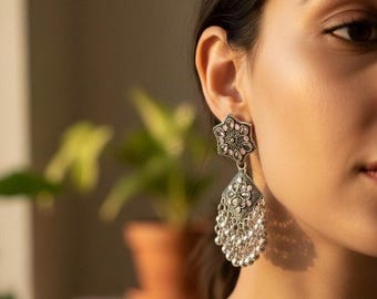 Oxidized Silver Starburst Drop Earrings, Iridescent Dangles