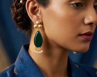 Green Monalisa Drop Earrings for Sangeet - Emerald Teardrop High Quality Gold Plated Minimalist Ethnic Jewelry - SAAR ETHNIC Dangles
