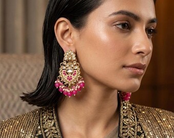 Hand Painted Meenakari Kundan Earrings, Floral Chandbali Dangles with Pearl,Festive Colorful Indian Jhumkas,Sabyasachi Style Wedding Jewelry