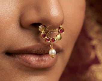 Non Pierced Nose Ring | Gold Plated Clip On Nath with Pearl Drop | Fake Indian Bridal Nose Ring |No Piercing Wedding Jewelry,Septum NoseRing