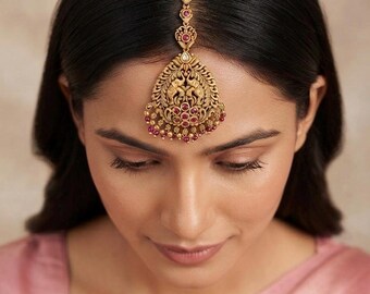 Antique Imitation Gold  Elephant Maang Tikka | Temple Style Kundan Bridal Matha Patti | Indian Wedding Hair Jewelry | White Ruby Maangtikka