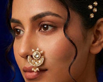 RESTOCKED Traditional Maharashtrian Brahmani Nath-Clip-on Pearl Nose Ring - Non-Pierced Peshwai Nathani for Wedding & Festival-Marathi Jewel