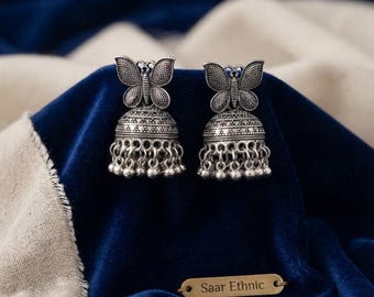Bollywood Style Oxidized Silver Jhumka-Oxidised Silver Butterfly Jhumka Earrings, Tribal Indian Ghungroo Jhumki, German Silver Boho Drops