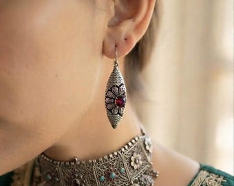 Oxidized Silver Marquise Flower Earring,Green/ Ruby Stone Textured Tribal Leaf Drops,Antique Indian Boho Earring,Geometric Gypsy JewelryGift