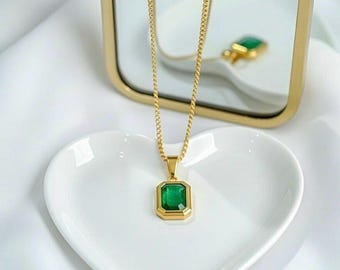 Emerald Green Rectangle Necklace • 18K Gold Plated Stainless Steel • Minimalist Pendant