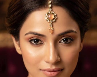 Peach Meenakari Kundan MaangTikka for Sangeet-Antique GoldFinish Peach Monalisa Stone Floral Headpiece Bollywood Ethnic Costume Hair Jewelry