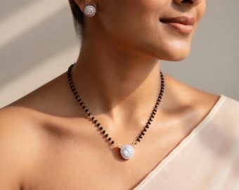 CZ Tanmaniya Mangalsutra Set, Black Bead Necklace,Delicate Indian Bridal Jewelry,Daily Wear Mangalsutra, CubicZirconia Pendant Set Gift wife