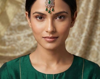 American Diamond Maang Tikka, Gold Plated Crystal Forehead Jewelry, Emerald Green White CZ Headpiece, Indian Bridal Pakistani Hair Gift