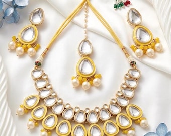 Yellow Meenakari Necklace Set | Gold Plated Indo Western Choker | Traditional Indian Kundan Jewelry for Wedding & Festive Wear- SAAR ETHNIC