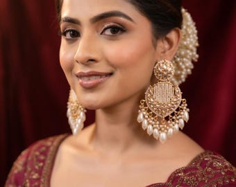 Pearl Chandelier Earrings for Wedding & Sangeet – Gold Plated Indo Western Bollywood Glam
