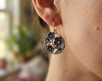 Oxidized Silver Floral Dangle Earrings, Green Stone Vintage Tribal Oval Drops, Antique Indian Boho Earrings, Geometric Gypsy Jewelry Gift