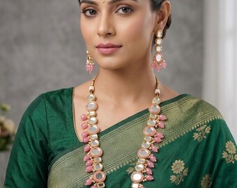 Pastel Pink Kundan LongNecklace Set, Pearl Bridal Jewelry with Earring Tikka, Indian WeddingHaar, Sabyasachi Inspired Statement Set, USAShip