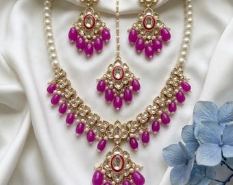 Bridal Kundan Necklace Set, Rani Pink Meenakari Jewelry, Indian Wedding Choker, Long Rani Haar, Statement Jewelry for Bride, Haldi Jewelry