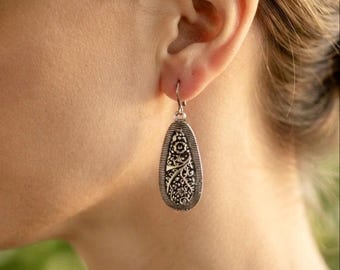 Oxidized Silver Paisley Teardrop Earrings,Textured Tribal Vine Dangle Drops,Antique Indian Boho Jewelry,Floral Gypsy Gift forHer Mini Jhumki