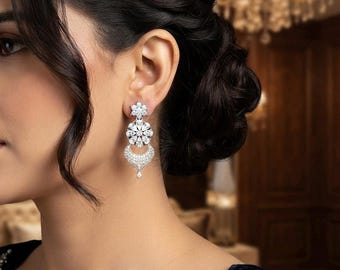 Silver American Diamond Drop Earrings, Medium CZ Chandbali Earrings, Cubic Zirconia Bridal Dangle Earrings, Indian Bollywood Wedding Jewelry