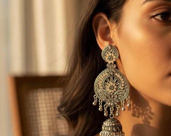 Long Oxidized Silver Chandelier Earrings, Boho Dangle, Bridal Jewelry, Bollywood style jhumkas