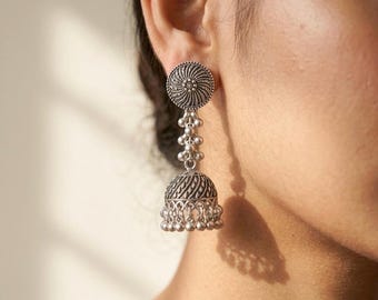 Oxidized Silver Jhumki Earrings | Artisan Floral Drop, Indian Bohemian