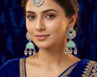 Oxidized Silver Monalisa Stone Earrings: Indian Peacock and Floral Dangle