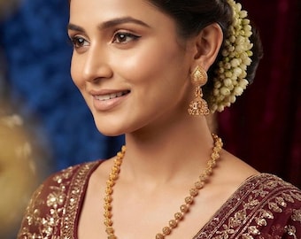 Antique Gold Matar Mala Necklace Set | Long Beaded Haram with Jhumka Earrings | Indian Temple Bridal Wedding Jewelry