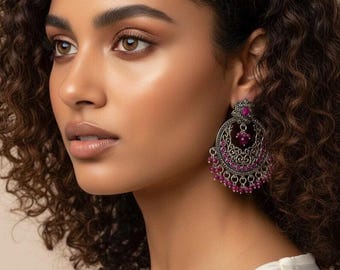 Oxidized Silver Dangle Earrings: Boho Floral Crescent, Moonstone-Effect Glass / Navaratri Earrings