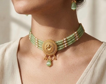 Ganesha Temple Choker Set Mint Green Beaded Necklace | Antique Gold Plated Indian Ethnic Jewelry | Adjustable Wedding Guest Jewelry