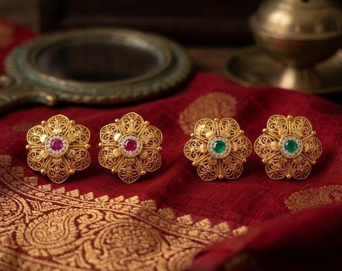 Featured listing image: Matte Gold Plated Antique Floral Stud Earring,Indian Tops Earring Ruby Green Stone,Temple Bridal Jewelry,SouthIndian Gift for Her SAAREthnic