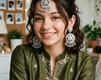 Pastel Rhinestone MaangTikka and  Earrings Set:Indian Bridal Jewelry - PinkGreen Jewelry - Gen G Girl jewelry set for sangeet - bridesmaids