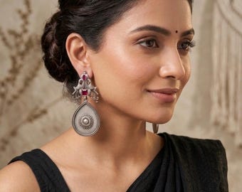 Oxidized Silver Statement Earrings, Boho Long Drop Earrings, Indian Peacock Earrings Pink Stone, Festival Jewelry, Gypsy Tribal Earrings