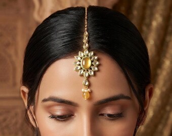 Yellow Meenakari Maang Tikka for Indian Wedding- Antique Gold Monalisa Stone Floral Headpiece Bollywood Ethnic Jewelry- Maantika for Hair