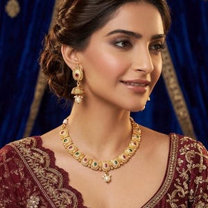 Ruby Green Meenakari Antique Gold Necklace Set | Indian Bridal Choker with Earrings | Red Green Wedding Jewelry | Heavy Gold Look Set