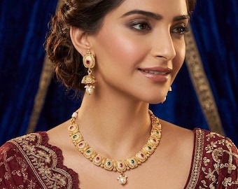 Ruby Green Meenakari Antique Gold Necklace Set | Indian Bridal Choker with Earrings | Red Green Wedding Jewelry | Heavy Gold Look Set