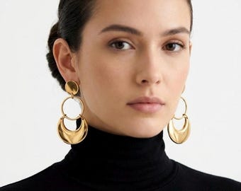 Celestial Orbit Drop Earrings – 18K Gold Plated Geometric Dangles – Stainless Steel Crescent Minimalism