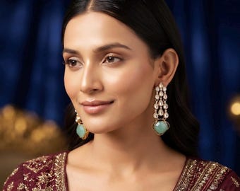 Indo Western Kundan Chandelier Earrings | Mehndi Gold Statement Dangle Earrings | Bridal Wedding Jewelry | 5 Color Options