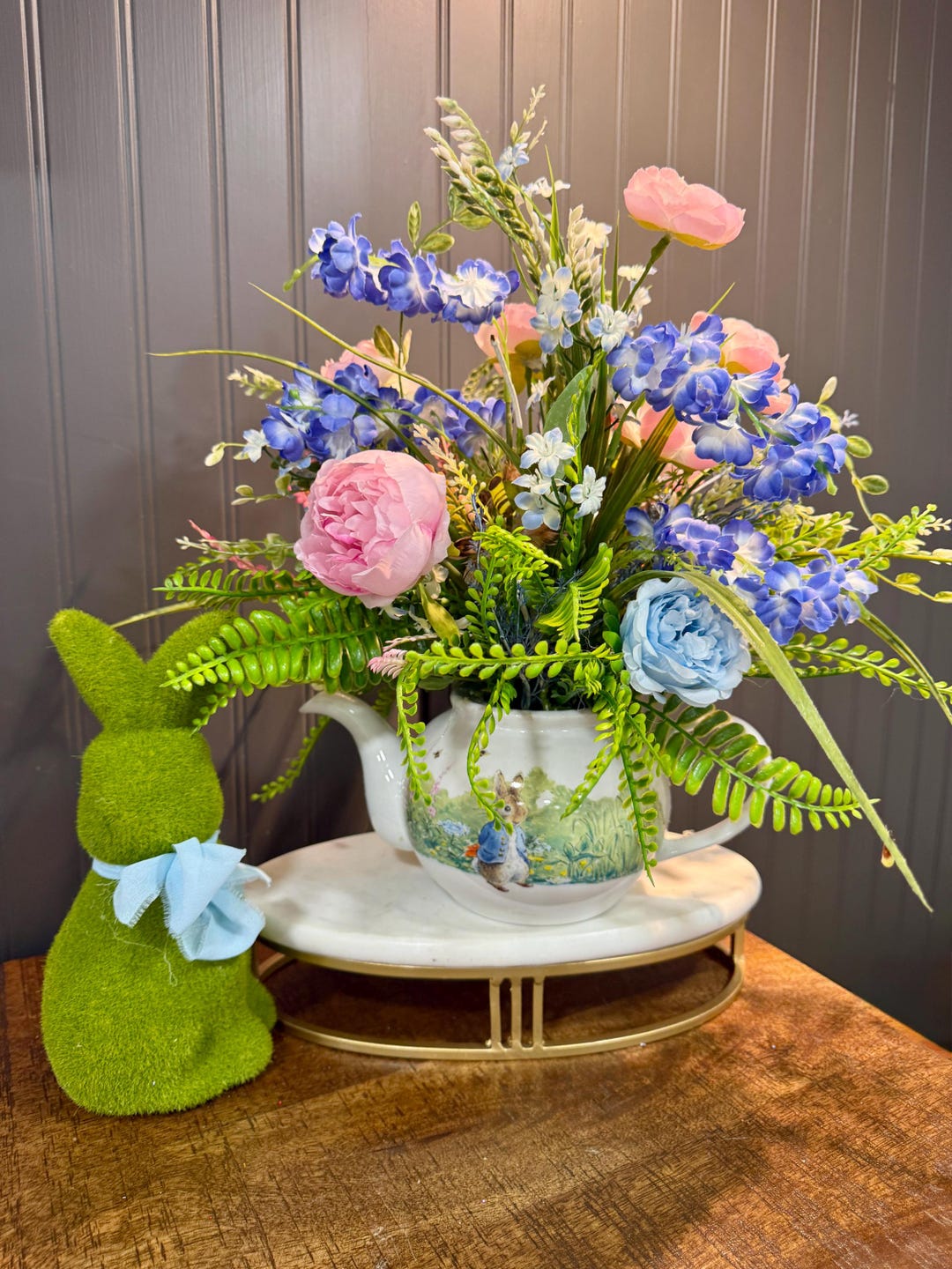 Waterfall Rabbit Arrangement Peter Rabbit Teapot Floral Arrangement | Whimsical Spring Cottage Decor ...