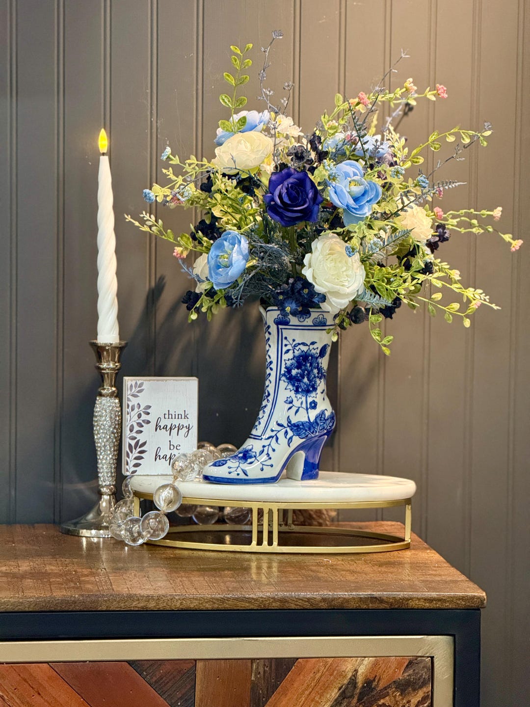 Blue and White Floral Arrangement, Chinoiserie Boot Vase Decor - Etsy