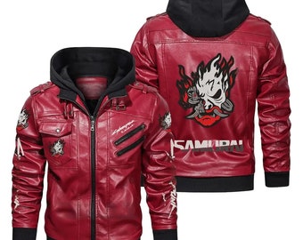 Cyberpunk 2077 Samurai Premium Chaqueta de cuero roja con capucha para juegos