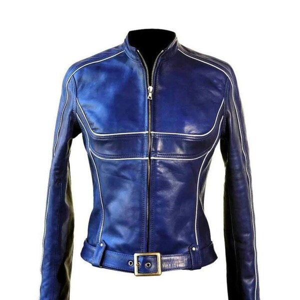 Emma Swan Biker Jacket Blue Artificial Leather Halloween Costume Woman’s Handmade Leather Slim Fit Cafe Racer Motorcycle Comic Party Coat