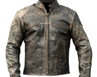 Retro Moto Biker Vintage Style Cafe Racer Leather Jacket Handmade Distressed Black Real Sheepskin Leather Streetwear Motorcycle Rider Coat