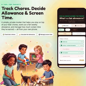 以下が含まれることがあります： Kids Allowance & Screen Time Trackerというタイトルのスマートフォンアプリのインターフェース画面。家事リストと小遣い額が表示されており、その横には4人の子供とビーグル犬が遊んでいる様子を描いたイラストが配置されている。