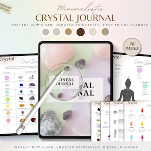 May include: A digital crystal journal planner featuring 36 pages of undated printables. The display shows charts of chakra stones, crystal sets, and the chakra system with illustrations of crystals and human silhouettes on tablet screens.