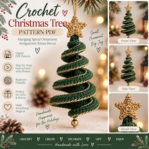 Op de afbeelding: Een haakpatroon voor een kerstboom als PDF met een hangend spiraalornament van donkergroen garen met een gouden rand. Het ornament is bekroond met een gouden gehaakte ster en heeft een kleine gouden kraal aan de onderkant. Tekst Crochet Christmas Tree.