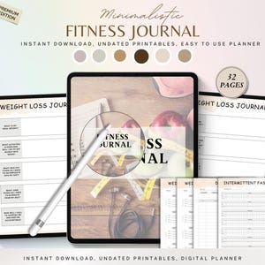 Puede incluir: Un diario de fitness digital de 32 páginas, con plantillas para pérdida de peso y ayuno intermitente. La pantalla muestra texto que incluye Minimalistic Fitness Journal, Weight Loss Journal e Intermittent Fasting, con un lápiz óptico blanco.