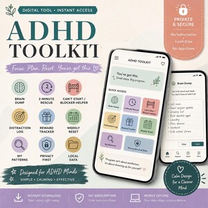 May include: A digital ADHD Toolkit app interface displayed on two smartphones. The screen shows icons for Brain Dump, 2-Minute Rescue, Blocker Helper, Distraction Log, Reward Tracker, and Weekly Reset. Text includes Focus, Plan, Reset, You've got this.